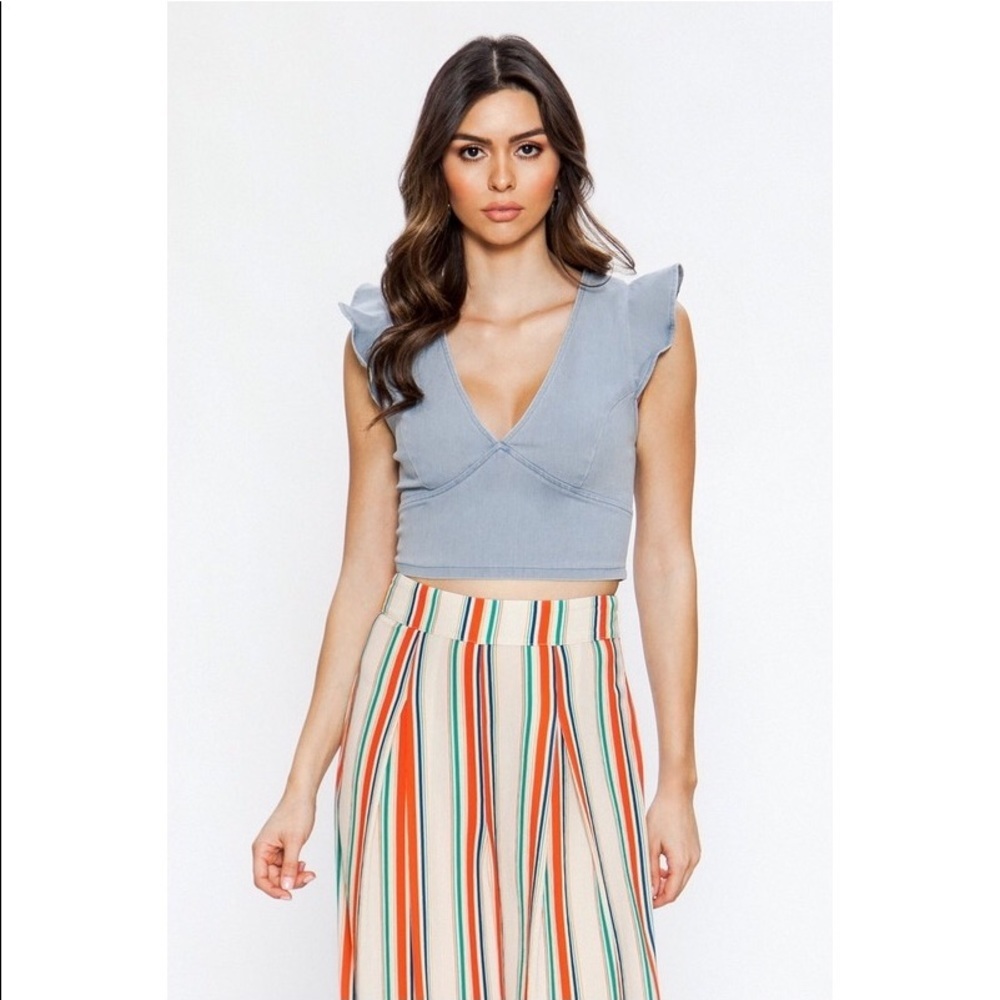 Denim Ruffle Sleeve Crop Top